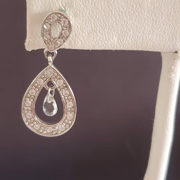 Monet Silver Tone Pave Crystal Dangle Earrings Tear Drop‎ - Picture 5 of 5